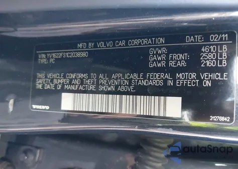 2012 Volvo S60 T5 из США, поврежденный, VIN YV1622FS1C2038980